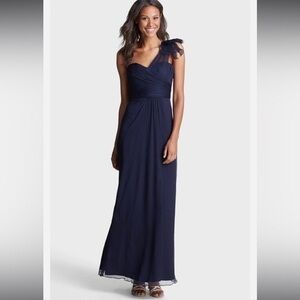 AMSALE Illusion Shoulder Crinkled Silk Chiffon Navy DRESS GOWN SIZE 10